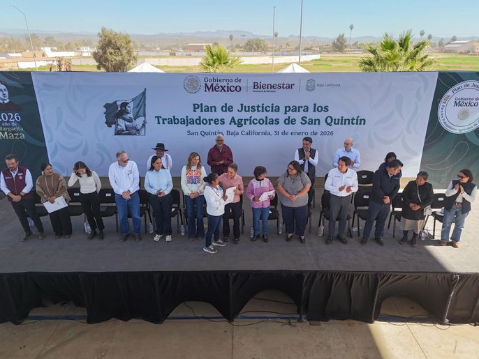 PRESIDENTA CLAUDIA SHEINBAUM ANUNCIA INSTALACIÓN DE CENTRO INTEGRADOR DEL PLAN DE JUSTICIA PARA LOS TRABAJADORES AGRÍCOLAS DE SAN QUINTÍN